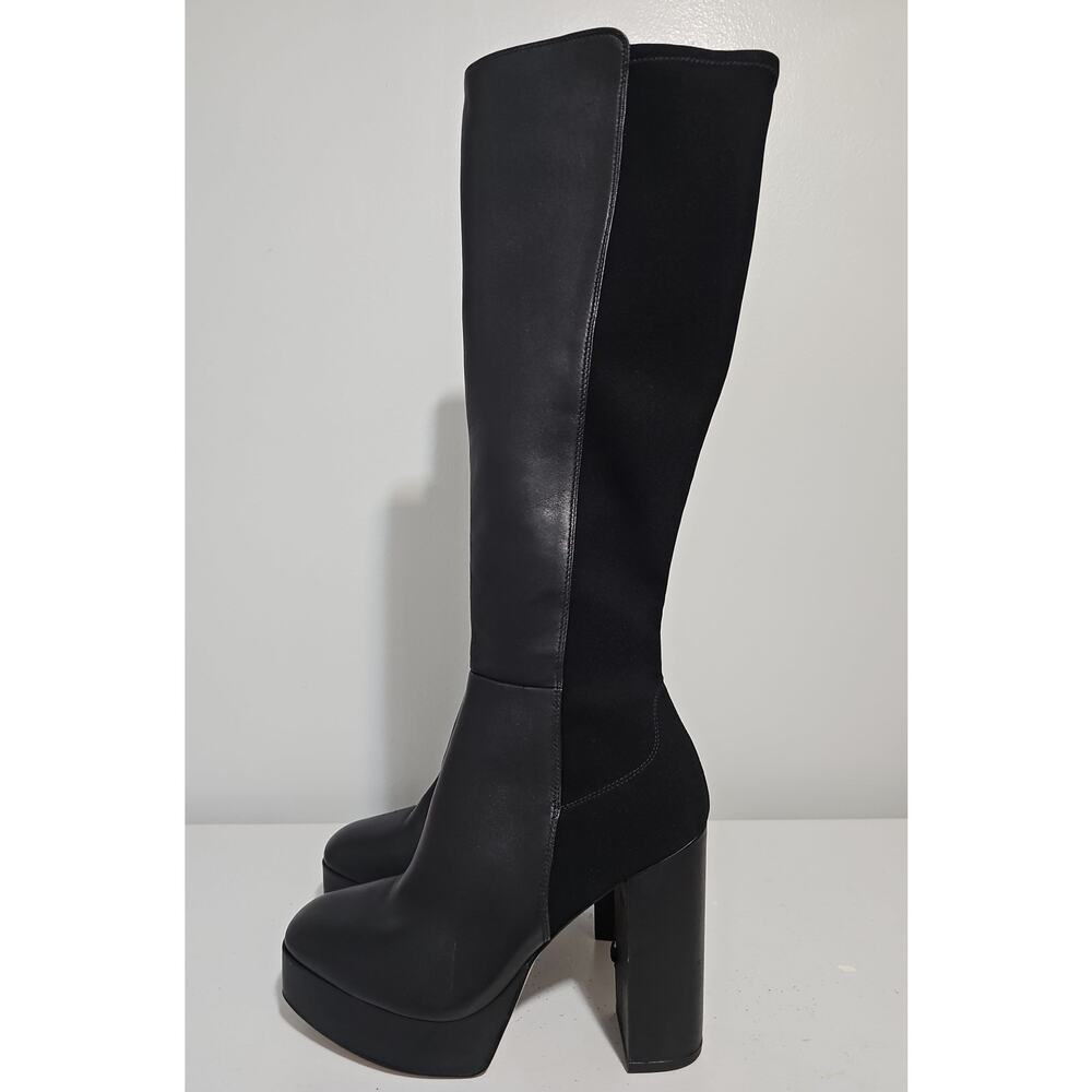 Stuart Weitzman Leather Knee High Boot Womens 9 Black Square Toe Party Platform